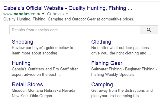 cabelas sitelinks search example